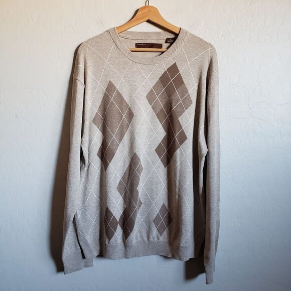 Perry Ellis Knit Argyle Crew Neck Sweater 100% Cotton Tan/Brown Size Men's XL - Picture 1 of 9